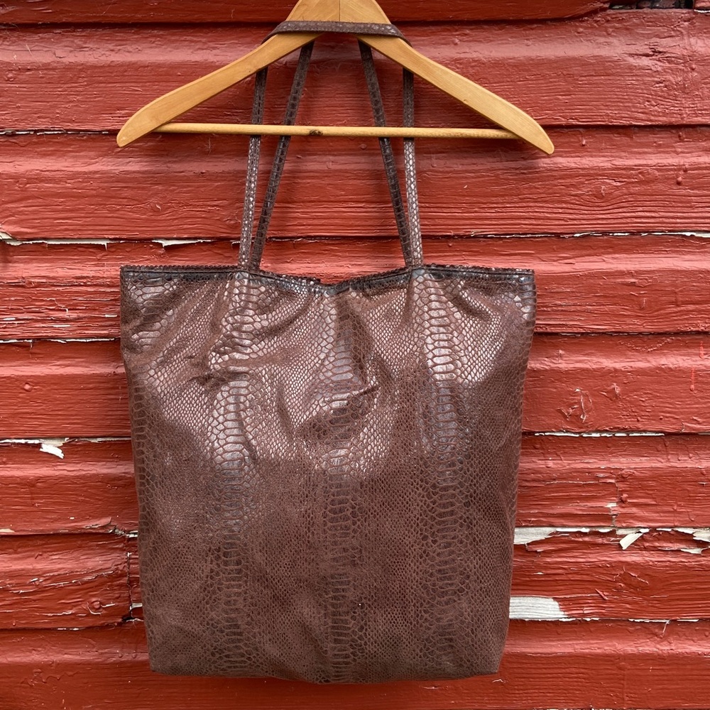 Carlos Falchi Vintage Vegan Python Tote Bag Brown Faux Snakeskin Purse - Picture 9 of 11